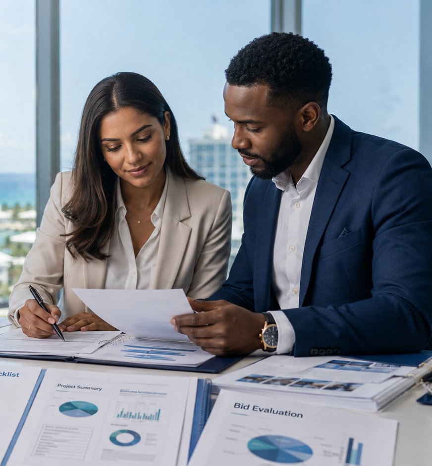 Two professionals reviewing a tender document and bid evaluation package in a Cayman Islands office